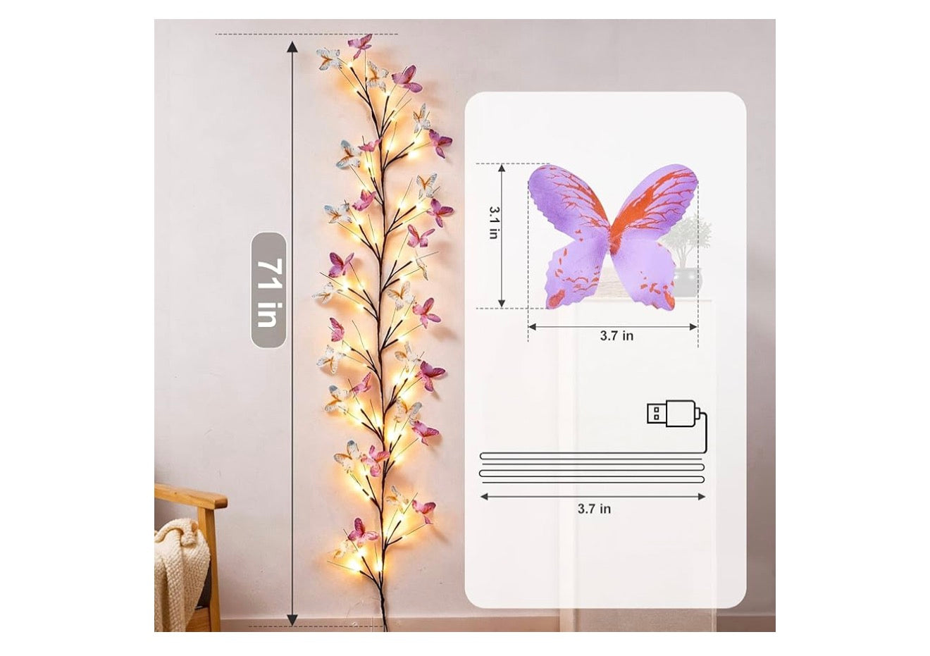 Wilgerranklig met Vlinder 48LED 1.8M Betowerde Muurversiering 8 Ligmodusse vir Binneshuise Huis Muurversiering - (Warm Wit)