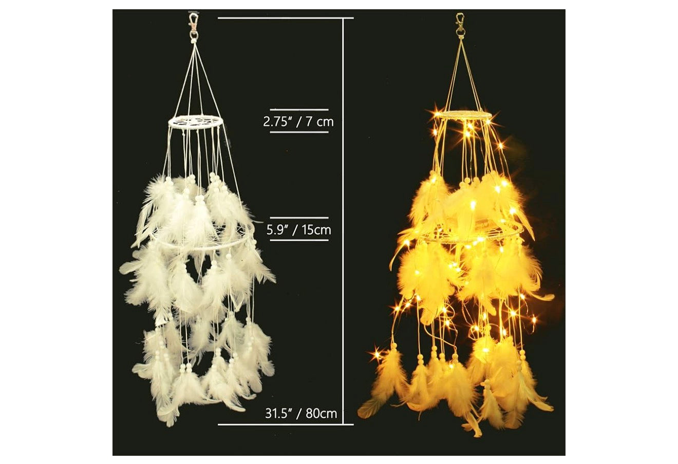 Bedhemel met Dubbelsirkel Wit Veer Droomvanger en 50 LED Feetjie Stringligte – Unieke Styl Koepel Bednet Gordyne Bedhemel