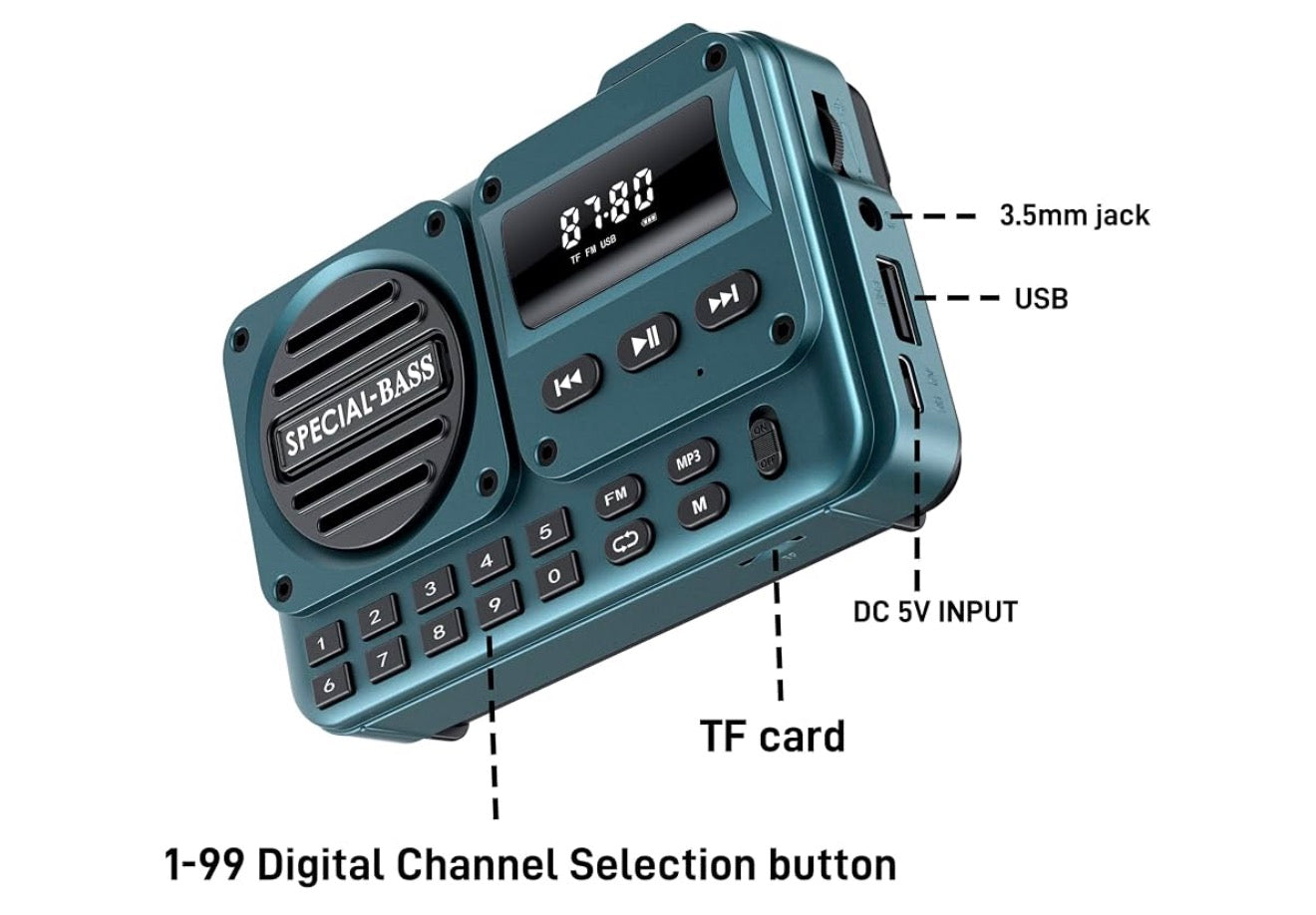 Sakradio FM USB-C Laai 2000mAh Herlaaibaar Uitstekende Ontvangs Duidelike Luidspreker en Oorfoonpoort, LCD-skerm, FM-radio vir Stap/Draf/Gimnasium, Bluetooth/TF. (GEEN AM NIE) – (Turkoois)