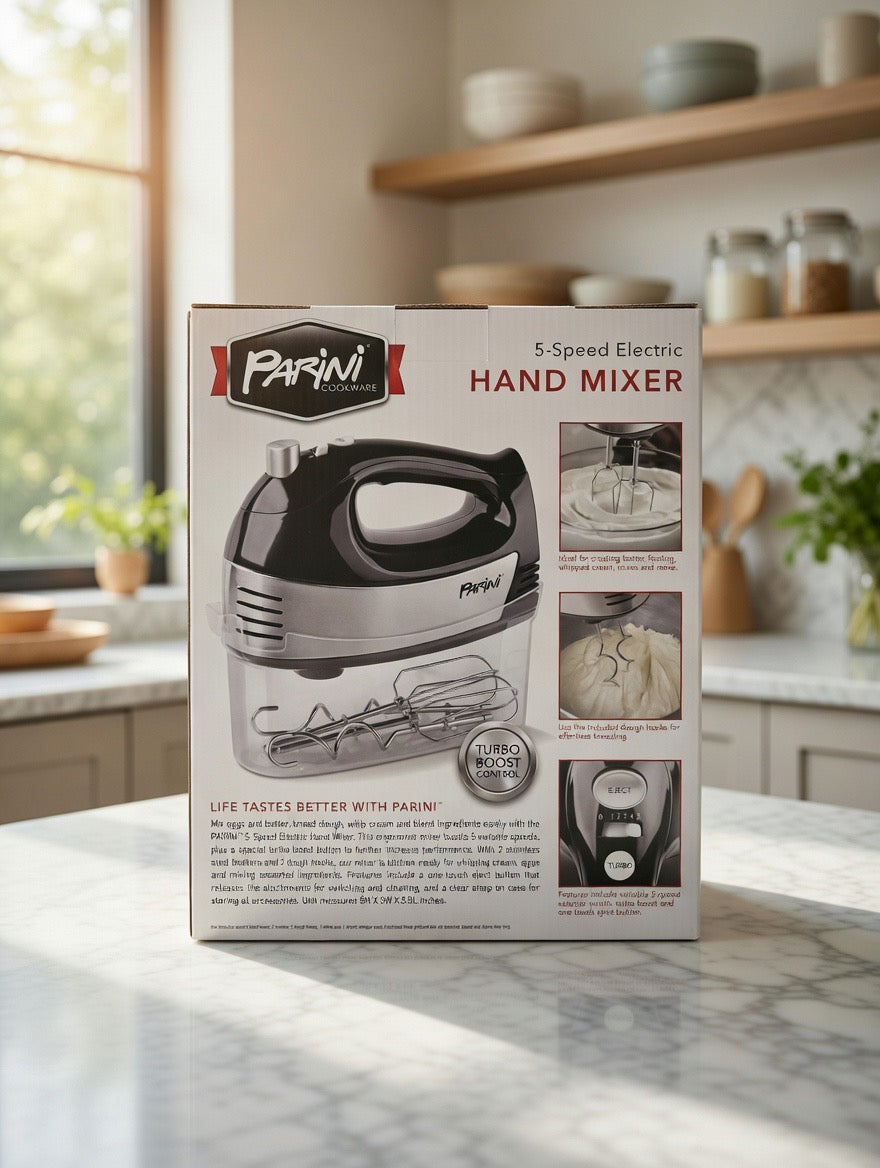 Parini 5-Speed Electric Hand Mixer Turbo Boost Control - Stainless Steel Beaters & Dough Hooks