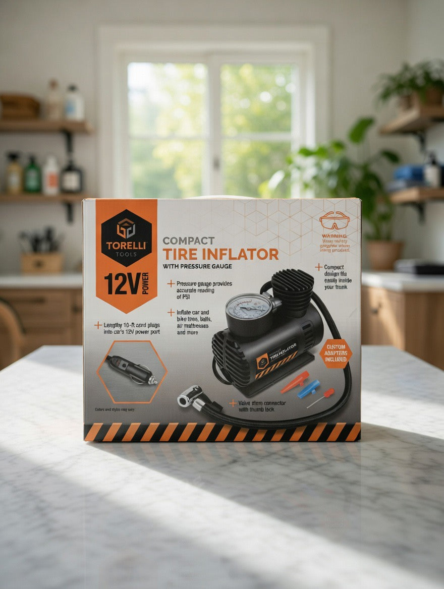 Torelli Tools Compact 12V Tire Inflator with Pressure Gauge