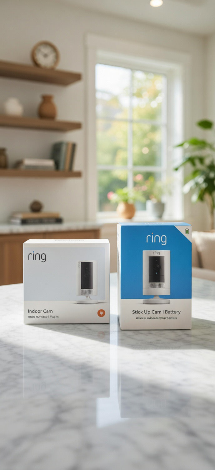 Ring Indoor Cam (1080p Plug-In) + Ring Stick Up Cam Battery (Wireless) 2 Cameras