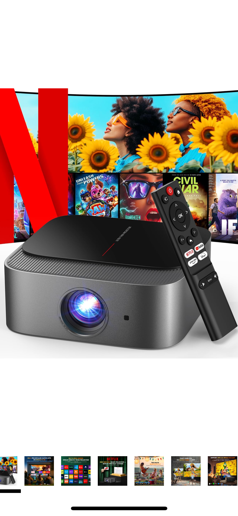 2025 Netflix-Official | 386+ Built-in Apps] DBPOWER E2 Smart Projector with WiFi and Bluetooth, Mini Projector 4K Support with Netflix, Youtube, Disney+, Hulu, Max, Crunchyroll w/ Portable Case