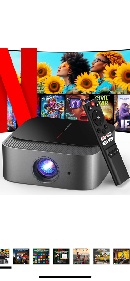2025 Netflix-Amptelik | 386+ Ingeboude Toepassings] DBPOWER E2 Slim Projektor met WiFi en Bluetooth, Mini Projektor 4K Ondersteuning met Netflix, Youtube, Disney+, Hulu, Max, Crunchyroll m/ Draagbare Houer