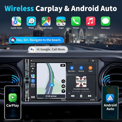 Double Din Car Stereo Compatible with Voice Control Apple Carplay - 7 Inch HD LCD Touchscreen Monitor, Bluetooth, Subwoofer, USB/SD Port, A/V Input, AM/FM Car Radio Receiver, Backup Camera