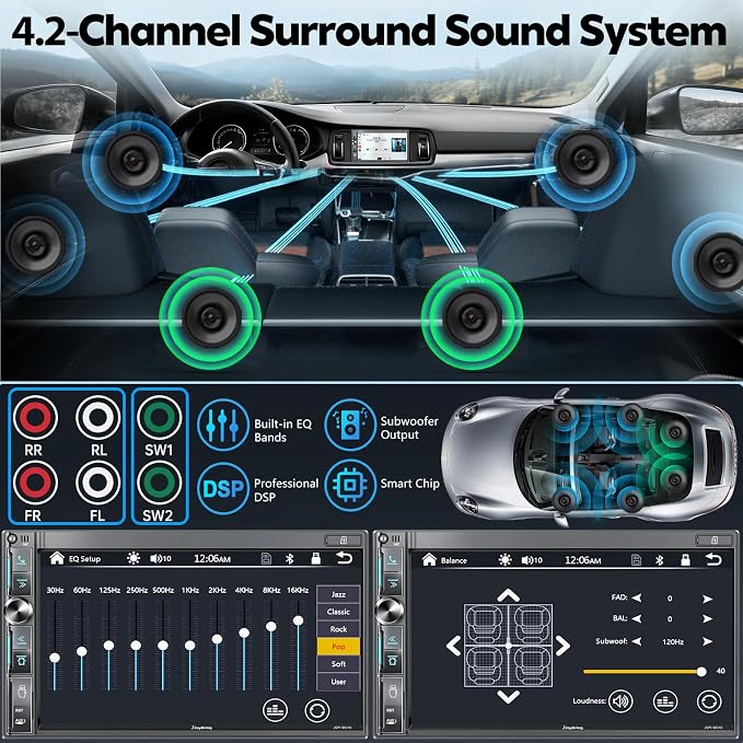 7" Double Din Car Stereo with Wireless Apple CarPlay & Android Auto