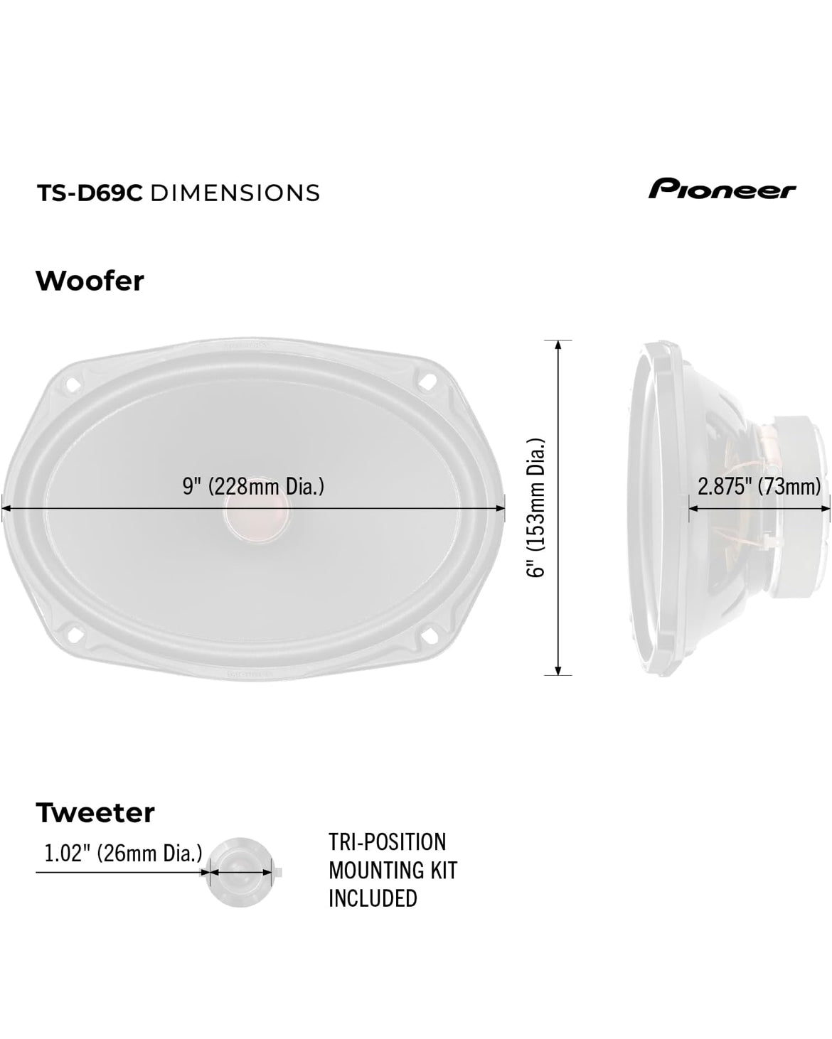 PIONEER D-Series TS-D69C 6" x 9" 2-Way Component Car Speakers 330W MaxHigh Performance Speakers, Ideal Factory Upgrade, Crisp Highs + Clear Vocals, Add an Amp for Even Better Performance