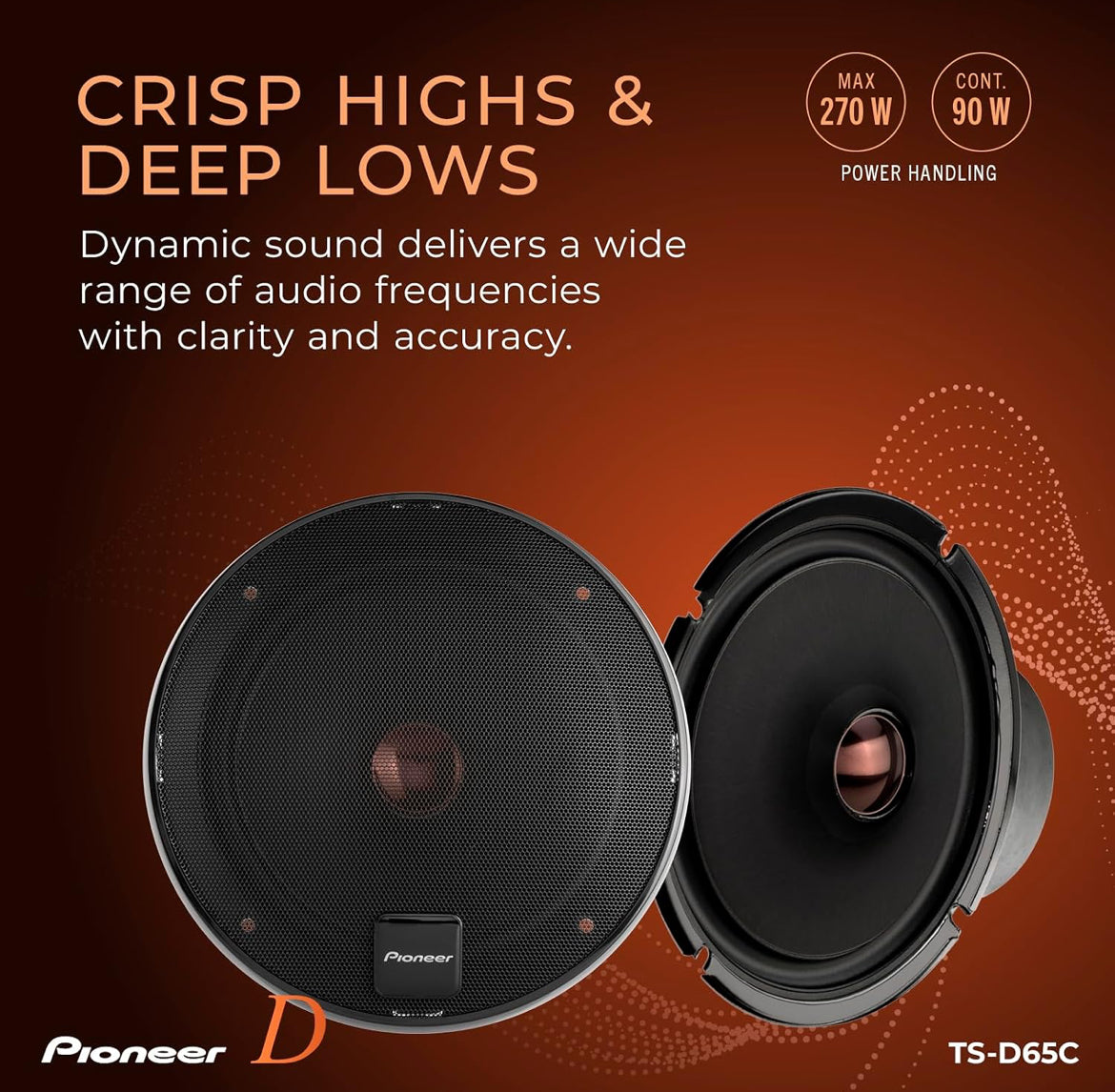 PIONEER D-Series TS-D65C 6.5" 2-Way Component Car Speakers 270W MaxHigh Performance Speakers, Ideal Factory Upgrade, Crisp Highs + Clear Vocals, Add an Amp for Even Better Performance