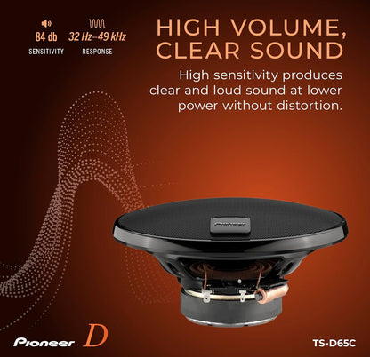 PIONEER D-Series TS-D65C 6.5" 2-Way Component Car Speakers 270W MaxHigh Performance Speakers, Ideal Factory Upgrade, Crisp Highs + Clear Vocals, Add an Amp for Even Better Performance