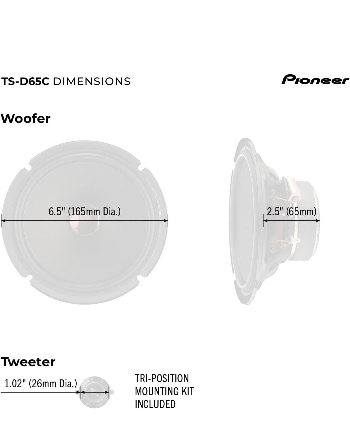 PIONEER D-Series TS-D65C 6.5" 2-Way Component Car Speakers 270W MaxHigh Performance Speakers, Ideal Factory Upgrade, Crisp Highs + Clear Vocals, Add an Amp for Even Better Performance