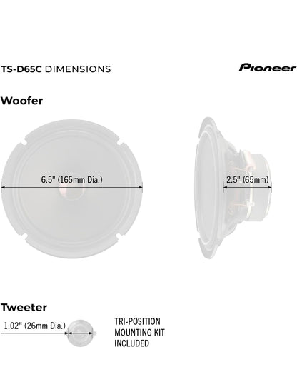PIONEER D-Series TS-D65C 6.5" 2-Way Component Car Speakers 270W MaxHigh Performance Speakers, Ideal Factory Upgrade, Crisp Highs + Clear Vocals, Add an Amp for Even Better Performance