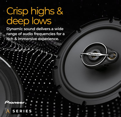PIONEER A-Series Standard 6.5 Inches 3-Way Coaxial Speakers 320W MaxIdeal Factory Upgrade, Balanced Sound + Smooth Treble, Enhanced Bass, Installation Adaptors Included