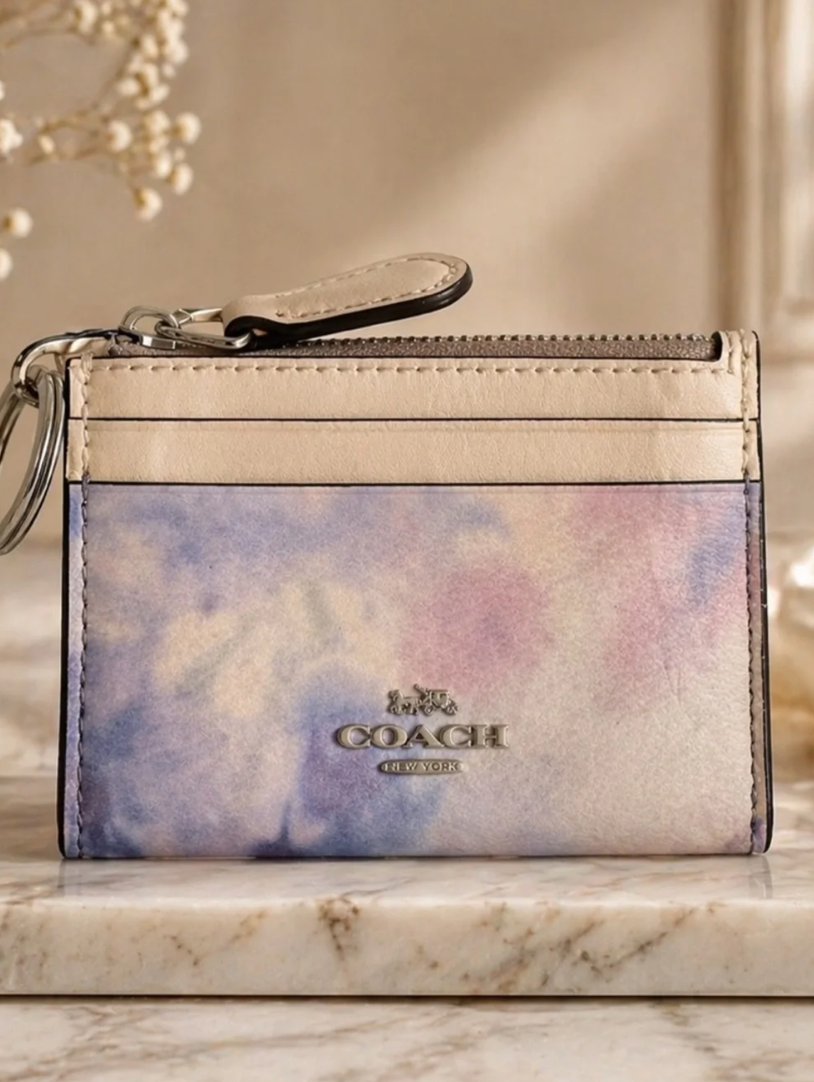 Coach Tie Dye Watercolor Mini Skinny ID Case Blue Purple Canvas Wallet