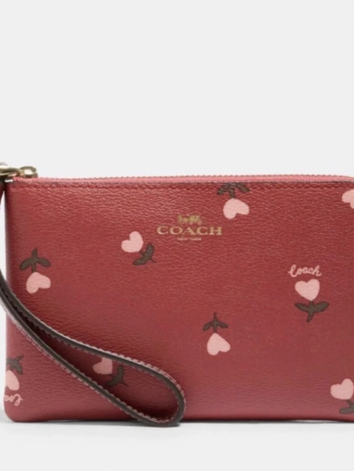 Coach Heart Floral Print Corner Zip Wristlet Wine Multi Leather Wallet
