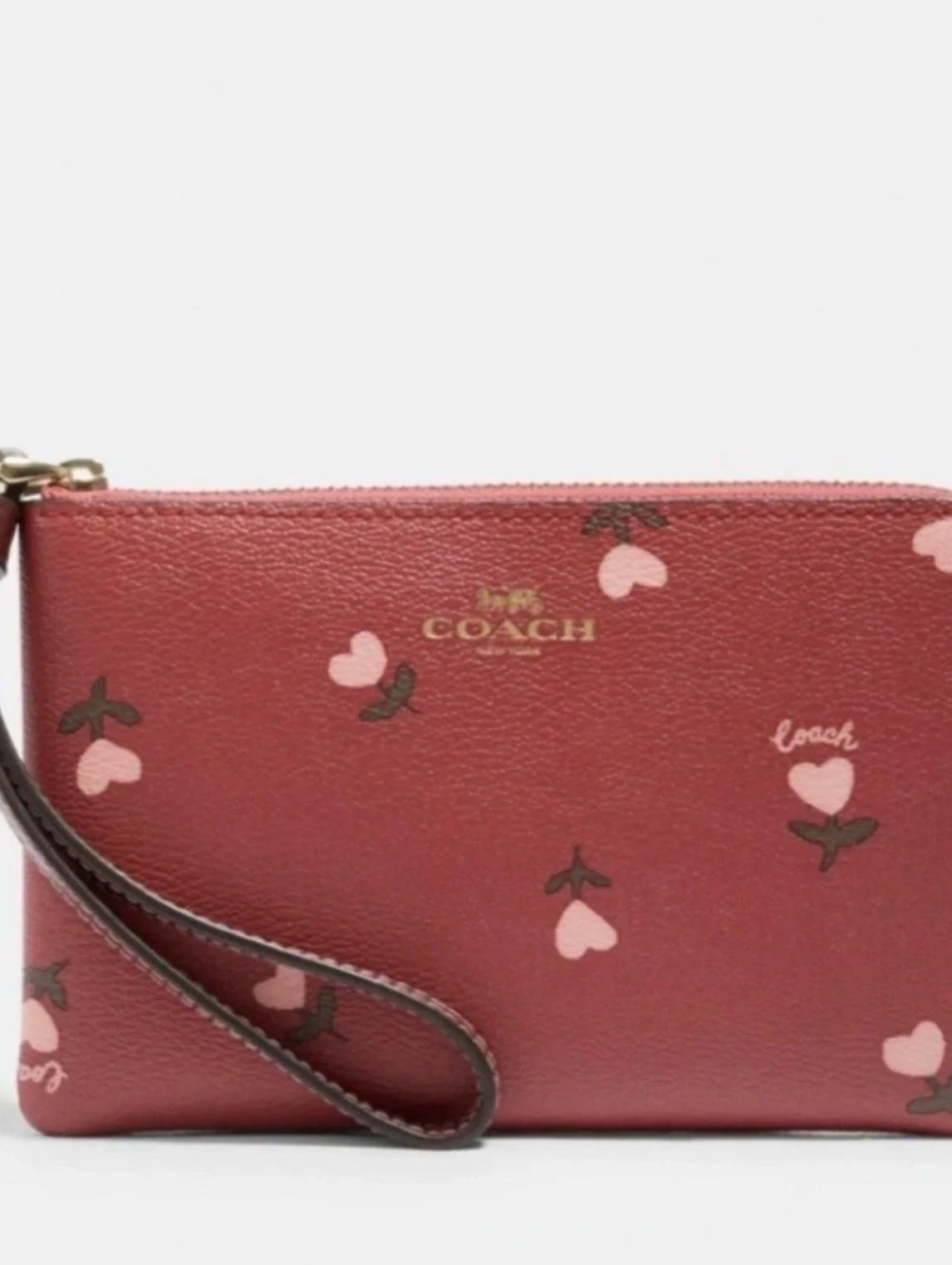 Coach Heart Floral Print Corner Zip Wristlet Wine Multi Leather Wallet