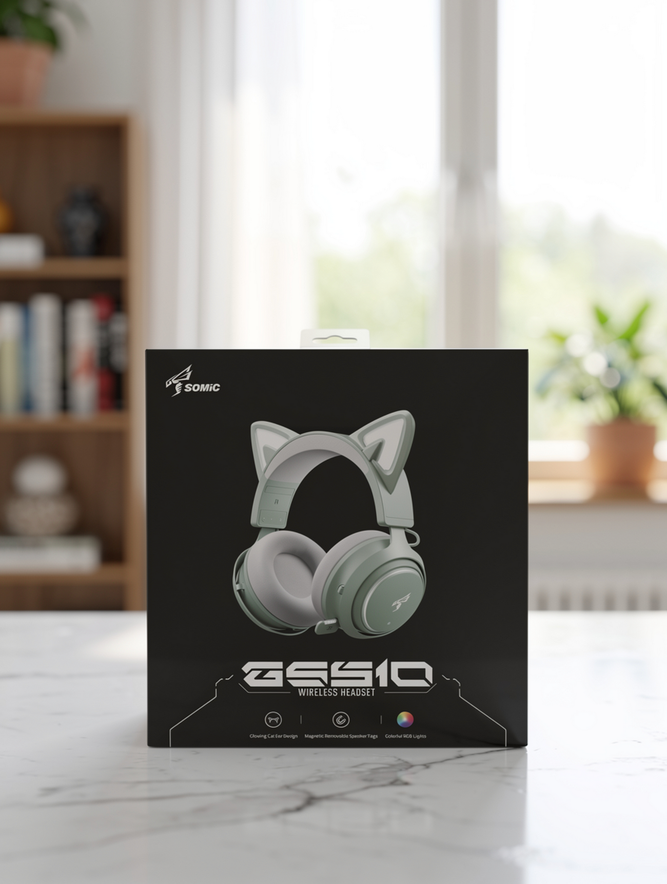 Wireless Cat Ear Headphones Gaming Headset Bluetooth 5.0 for Smartphone Retractable Mic 50mm Drivers RGB Lighting Headset with Mic (USB Dongle Not Included) - (SAGE GREEN)