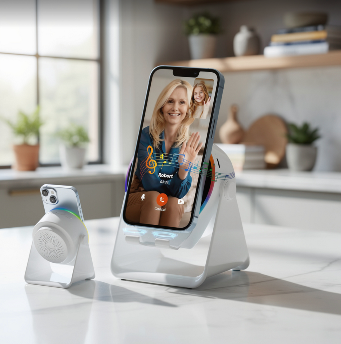 Wireless Induction Audio Bluetooth Speaker, 4 in 1 Phone Stand Speakers Amplifier with Colorful Ambient Light,360° Adjustable Holder- White