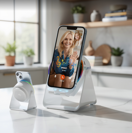 Draadlose Induksie Oudio Bluetooth Speaker, 4 in 1 Foonstaander Luidsprekers Versterker met Kleurvolle Omringende Lig, 360° Verstelbare Houer - Wit