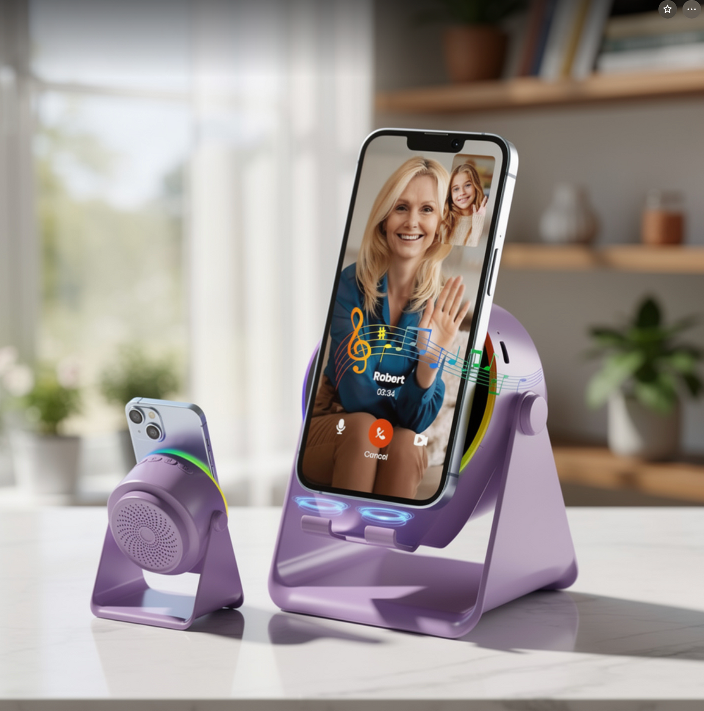 Wireless Induction Audio Bluetooth Speaker, 4 in 1 Phone Stand Speakers Amplifier with Colorful Ambient Light,360° Adjustable Holder- Purple