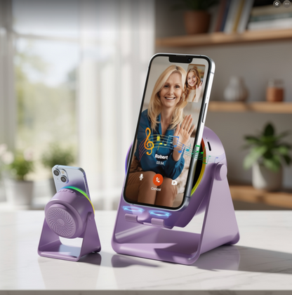 Wireless Induction Audio Bluetooth Speaker, 4 in 1 Phone Stand Speakers Amplifier with Colorful Ambient Light,360° Adjustable Holder- Purple