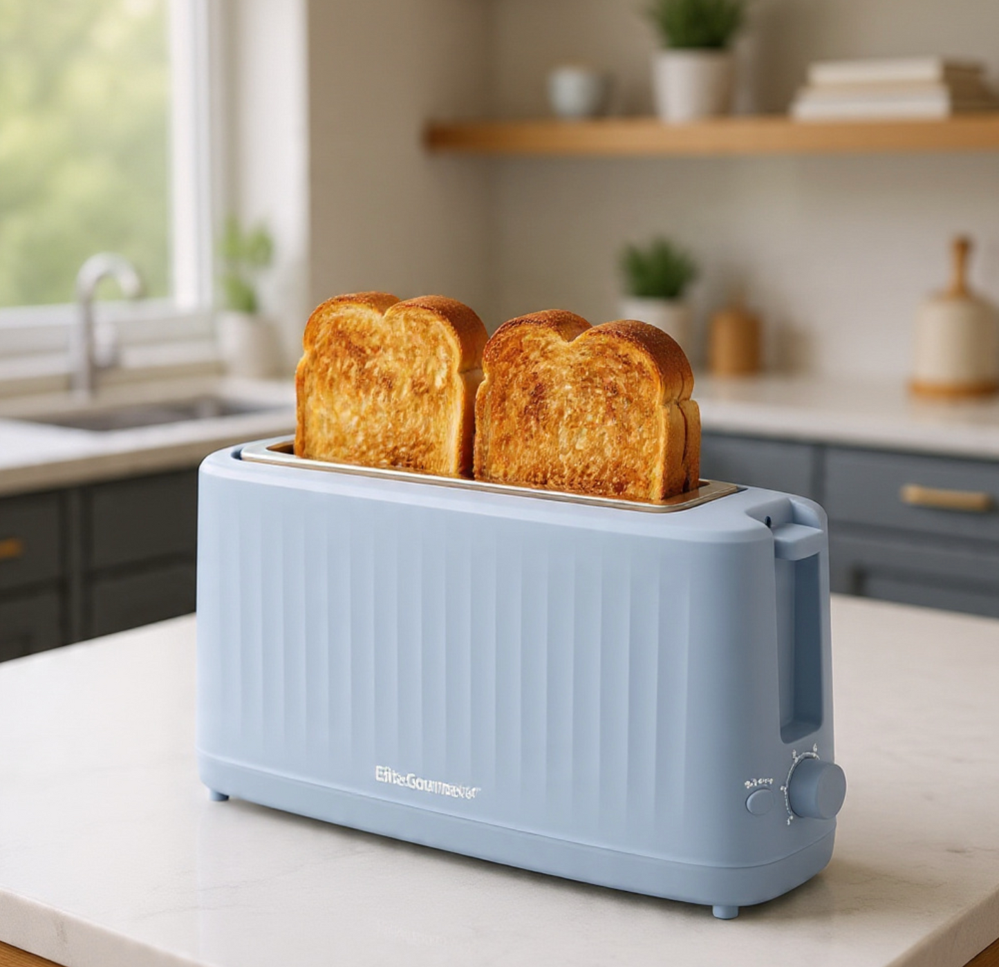 Gourmet Slim Broodrooster met Twee Langgleuwe, Koel-om-aan-te-Raak, 6 Bruiningsgrade, Ekstra Wye 3.8 cm Gleuf vir Vakmansbrood, Bagels, Wafels en Engelse Muffins - Oseaanblou