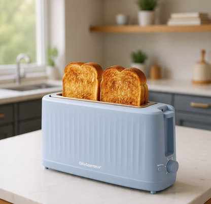 Gourmet Slim Broodrooster met Twee Langgleuwe, Koel-om-aan-te-Raak, 6 Bruiningsgrade, Ekstra Wye 3.8 cm Gleuf vir Vakmansbrood, Bagels, Wafels en Engelse Muffins - Oseaanblou