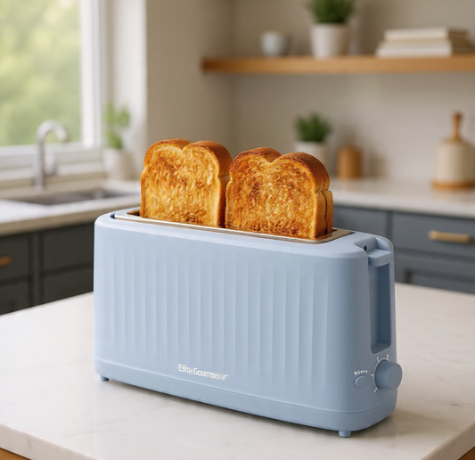 Gourmet Slim Broodrooster met Twee Langgleuwe, Koel-om-aan-te-Raak, 6 Bruiningsgrade, Ekstra Wye 3.8 cm Gleuf vir Vakmansbrood, Bagels, Wafels en Engelse Muffins - Oseaanblou