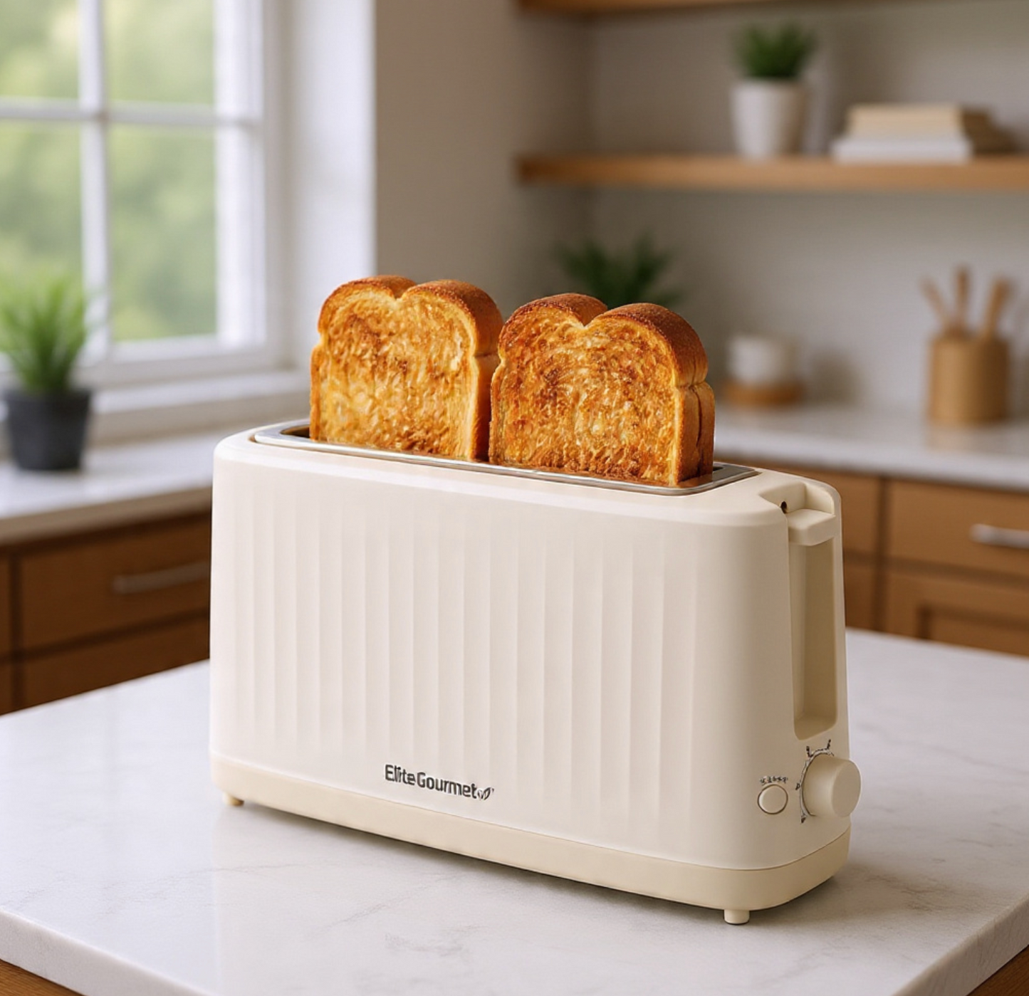 Gourmet Slim Toast 2-Sny Langgleufbroodrooster, Koel-aanraking Liggaam, 6 Roostersterkte-skakerings, Ekstra-wye 3.8 cm Gleuf vir Artisan Brood, Bagels, Wafels & Engelse Muffins – Cremello