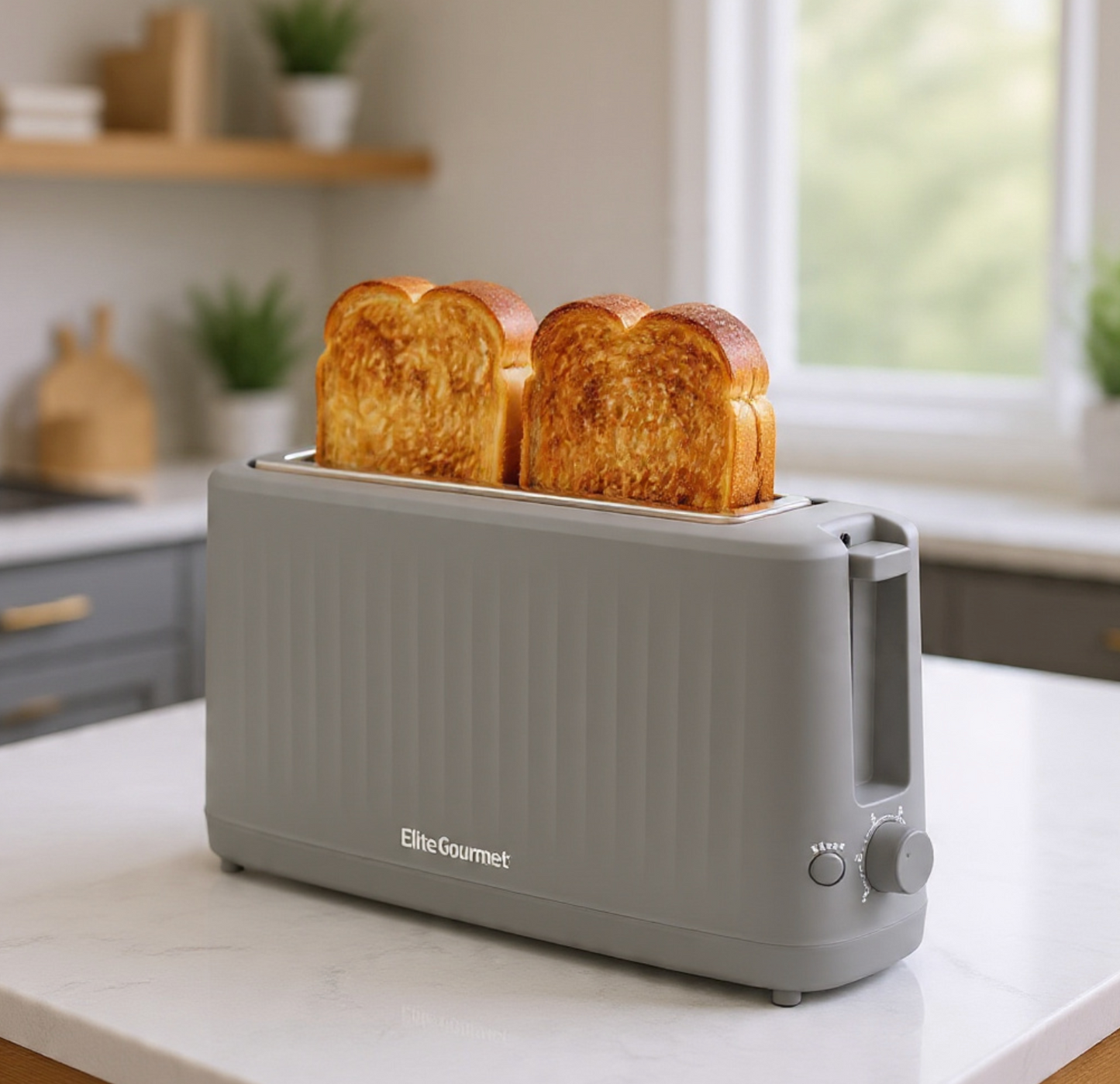 Gourmet Slim Broodrooster met Twee Langgleuwe, Koelaanraak-omhulsel, 6 Verbruiningsvlakke, Ekstra-wye 1.5" Gleuf vir Artisan Brood, Bagels, Wafels en Engelse Muffins - Grys