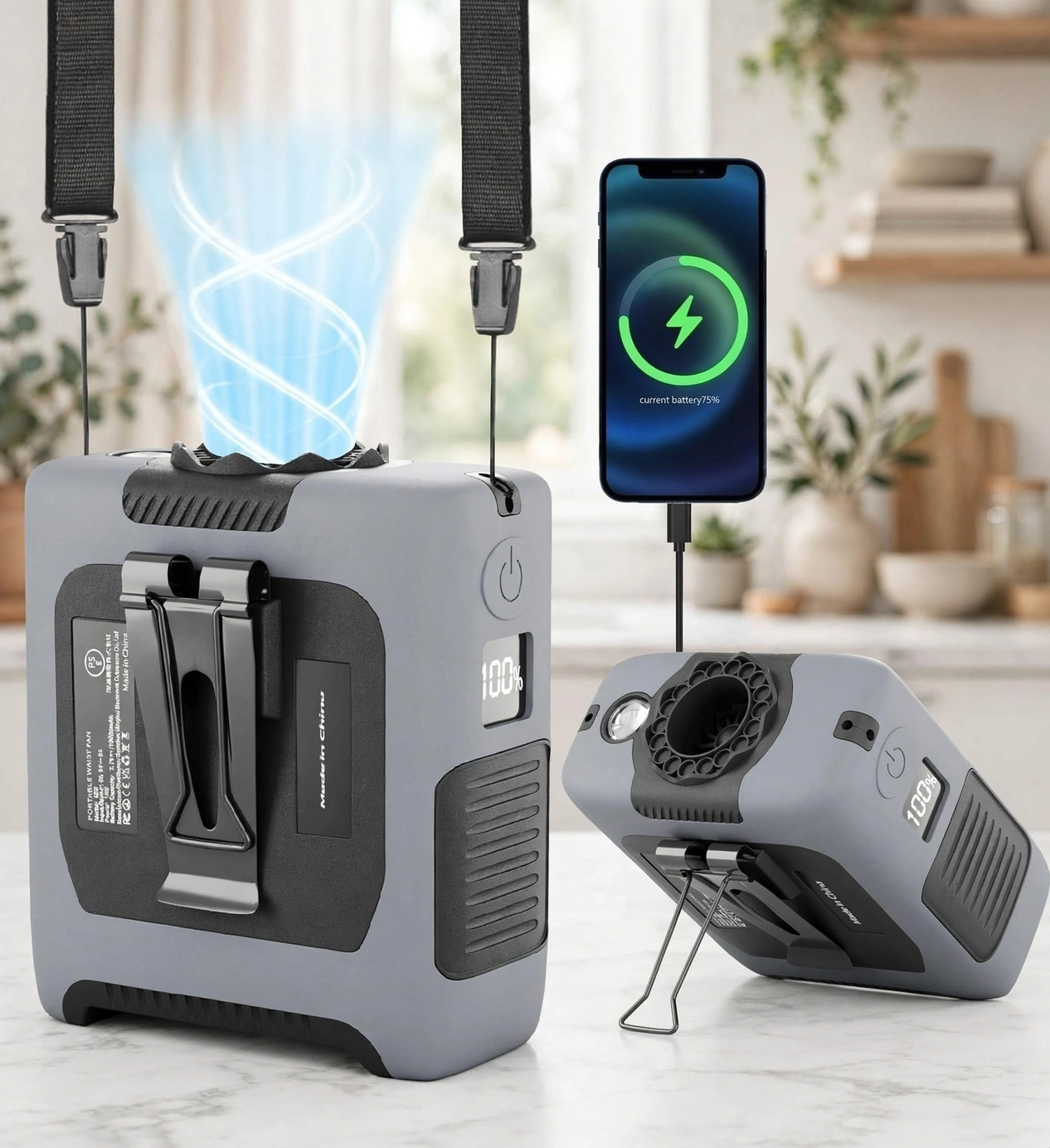 10000mAh Draagbare Middellyfwaaier met Flitslig - 5 Spoed - Grys