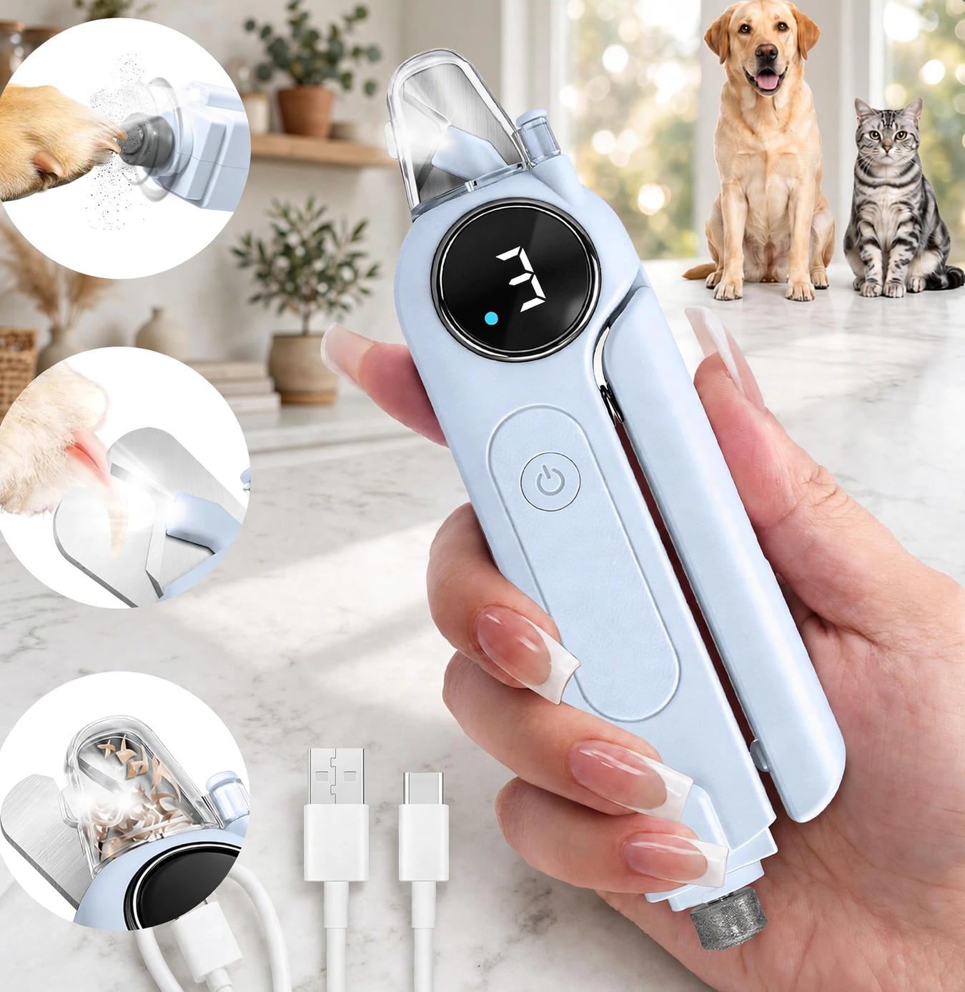 2-in-1 Quiet Electric Pet Nail Clipper Grinder w/ Light for Dogs Cats Dual LED Lights,3-Speed Grinder,Nail Clipping Splash Guard,Type-C Rechargeable - (Blue)
