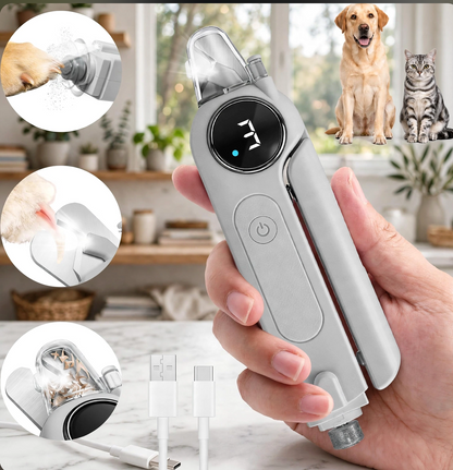2-in-1 Stil Elektriese Troeteldier Naelskêr/Slyper met Lig vir Honde Katte Dubbele LED-ligte, 3-spoed slyper, Spatweerkaatser vir naelknip, Tipe-C Herlaaibaar - (Grys)