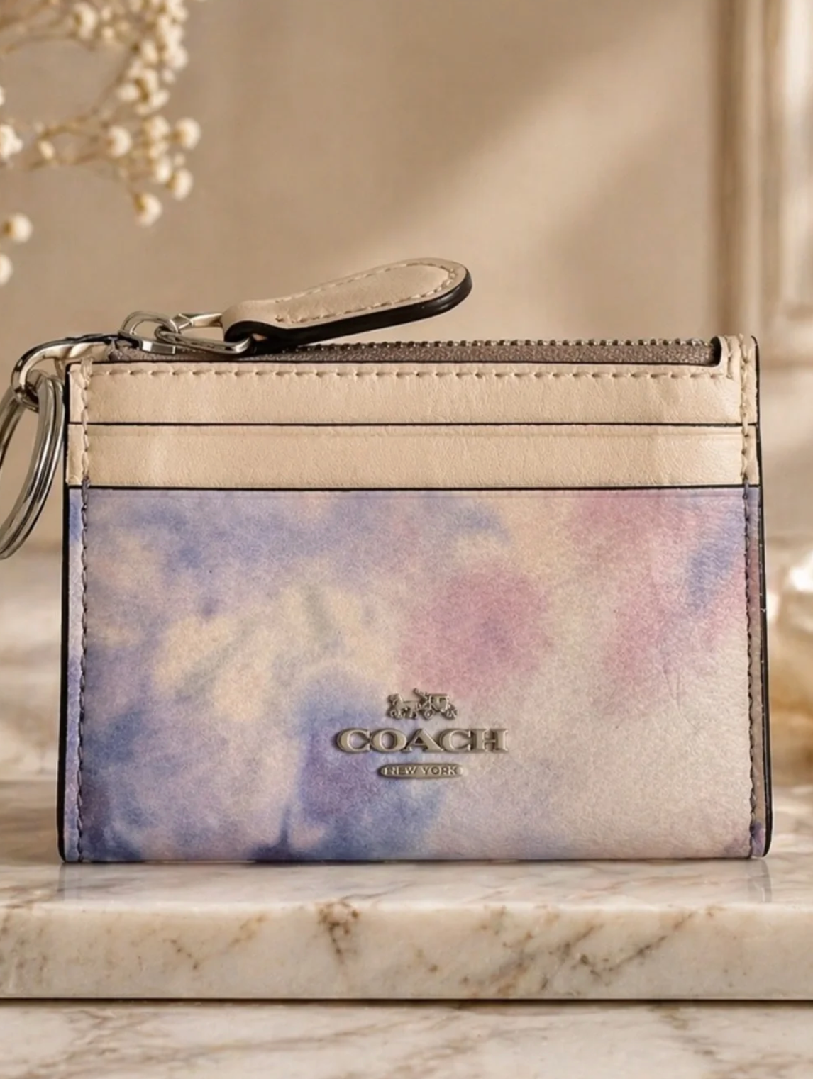 Coach Tie Dye Watercolor Mini Skinny ID Case Blue Purple Canvas Wallet