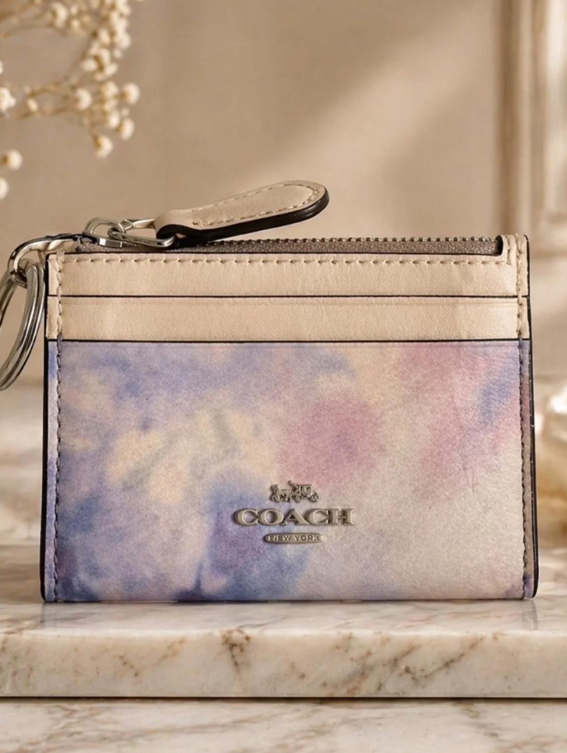 Coach Tie Dye Watercolor Mini Skinny ID Case Blue Purple Canvas Wallet