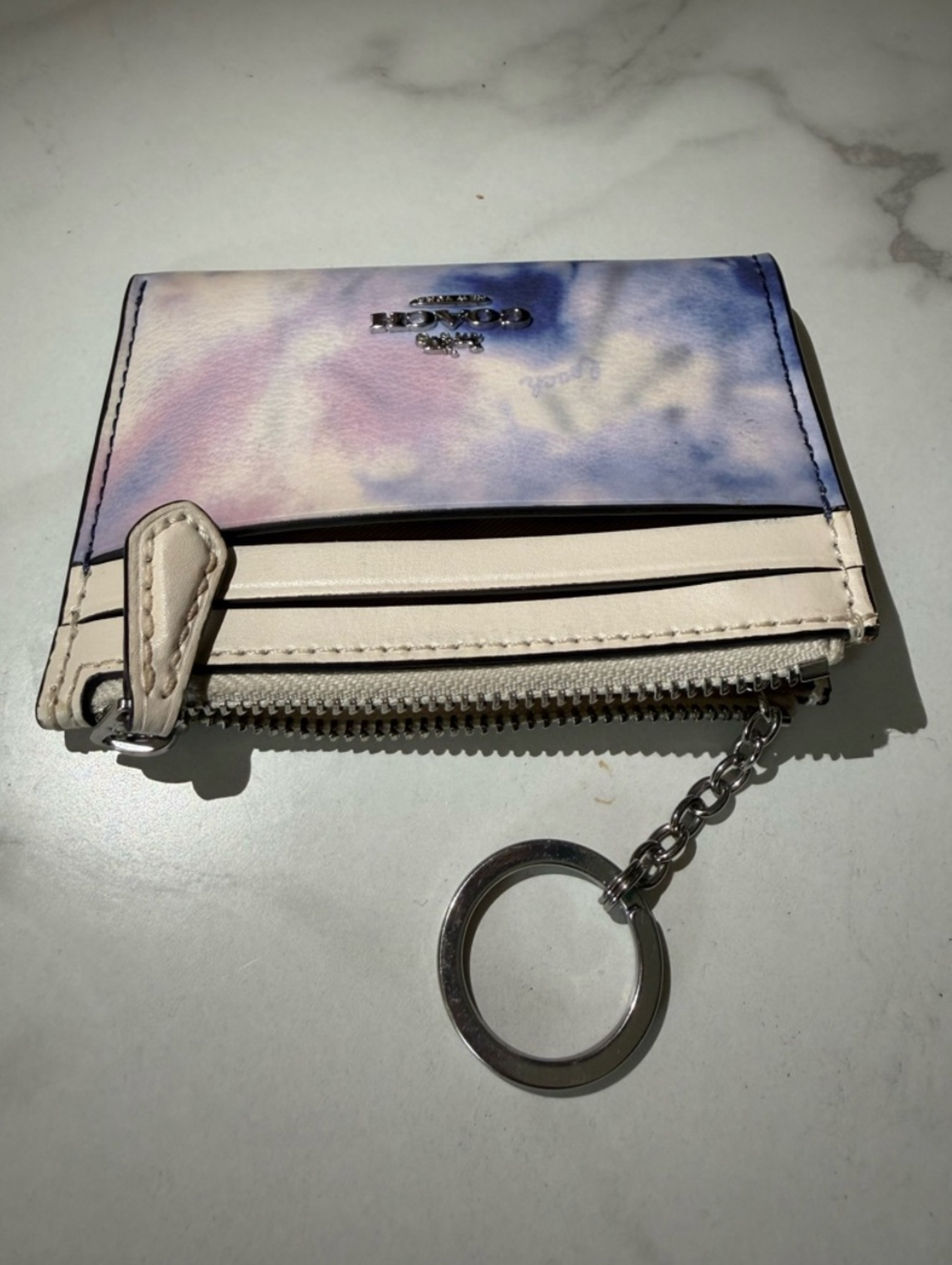 Coach Tie Dye Watercolor Mini Skinny ID Case Blue Purple Canvas Wallet