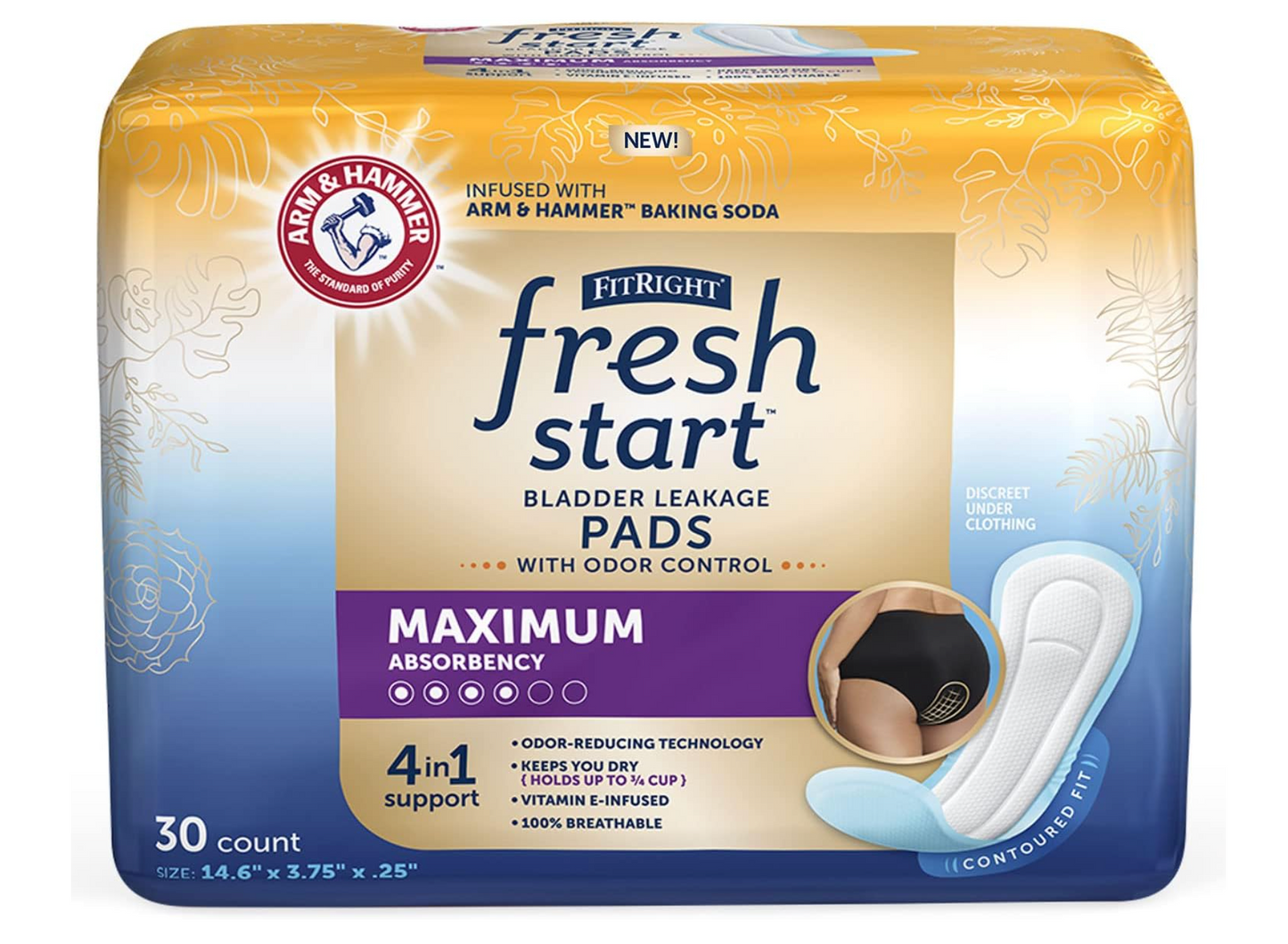 FitRight Fresh Start Urinary and Postpartum Incontinence Pads Absorbency w/ Arm & Hammer (4 Packs)