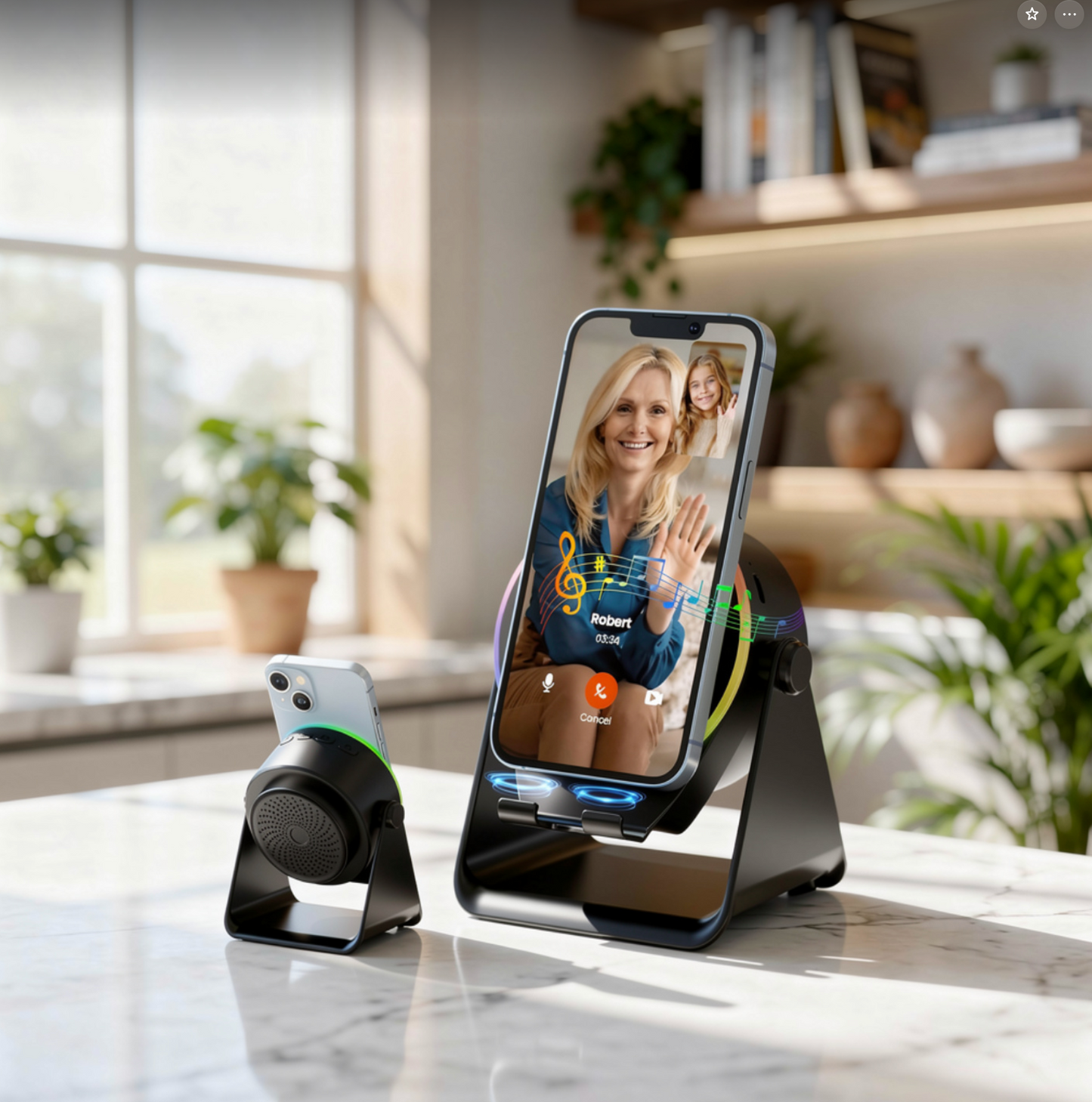 Wireless Induction Audio Bluetooth Speaker, 4 in 1 Phone Stand Speakers Amplifier with Colorful Ambient Light,360° Adjustable Holder - Black
