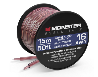 Monster 16 AWG Luidsprekerkabel Gevorderde Werkverrigting Luidsprekerkabel 50 VT Rol, Oudioluidsprekerkabel met Polariteitsmerke, vir Tuisbioskoop, Motoroudio, en Buite Luidsprekerbedrading - Maklik om te Strip en te Installeer Luidsprekerkabels