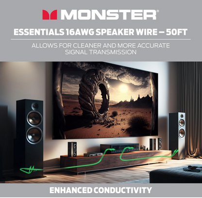 Monster 16 AWG Luidsprekerkabel Gevorderde Werkverrigting Luidsprekerkabel 50 VT Rol, Oudioluidsprekerkabel met Polariteitsmerke, vir Tuisbioskoop, Motoroudio, en Buite Luidsprekerbedrading - Maklik om te Strip en te Installeer Luidsprekerkabels