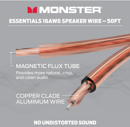 Monster 16 AWG Luidsprekerkabel Gevorderde Werkverrigting Luidsprekerkabel 50 VT Rol, Oudioluidsprekerkabel met Polariteitsmerke, vir Tuisbioskoop, Motoroudio, en Buite Luidsprekerbedrading - Maklik om te Strip en te Installeer Luidsprekerkabels