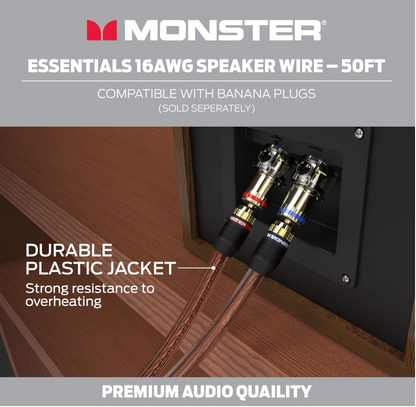 Monster 16 AWG Luidsprekerkabel Gevorderde Werkverrigting Luidsprekerkabel 50 VT Rol, Oudioluidsprekerkabel met Polariteitsmerke, vir Tuisbioskoop, Motoroudio, en Buite Luidsprekerbedrading - Maklik om te Strip en te Installeer Luidsprekerkabels