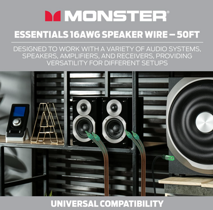 Monster 16 AWG Luidsprekerkabel Gevorderde Werkverrigting Luidsprekerkabel 50 VT Rol, Oudioluidsprekerkabel met Polariteitsmerke, vir Tuisbioskoop, Motoroudio, en Buite Luidsprekerbedrading - Maklik om te Strip en te Installeer Luidsprekerkabels