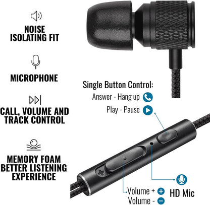 Ultra Wired Earbuds in-Ear Headphones, Earphones with Microphone, Noise Isolating Ear Buds, Memory Foam for iPhone, Samsung, School Students, Kids, Women, Small Ears