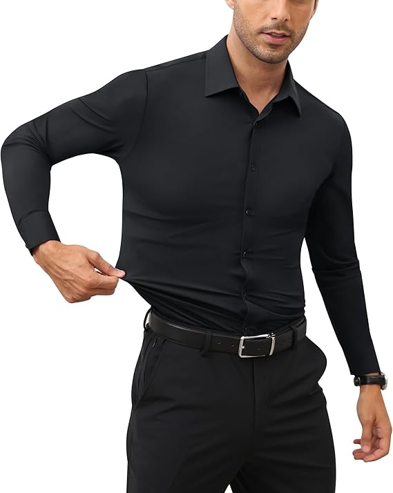 Mans Langmou Slim Fit, Spiervas, Kreukelvry, Knoop-af Rekbaar