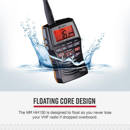 Cobra Marine Radio - MR HH150 FLT - 3 Watt, Dryf, Langreikafstand, Handheld, VHF Radio, NOAA, Internasionaal, Waterdig, Onderwater, Weerwaarskuwings, LCD Skerm, Beltknip