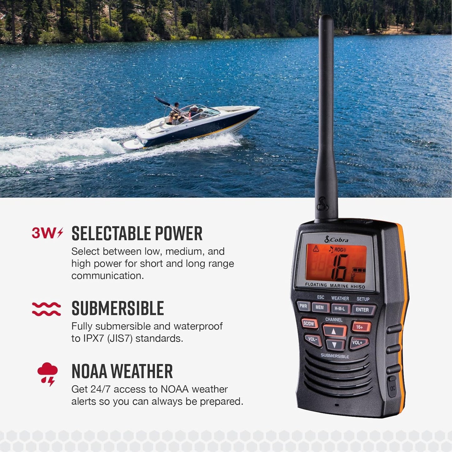 Cobra Marine Radio - MR HH150 FLT - 3 Watt, Dryf, Langreikafstand, Handheld, VHF Radio, NOAA, Internasionaal, Waterdig, Onderwater, Weerwaarskuwings, LCD Skerm, Beltknip