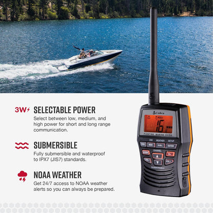 Cobra Marine Radio - MR HH150 FLT - 3 Watt, Dryf, Langreikafstand, Handheld, VHF Radio, NOAA, Internasionaal, Waterdig, Onderwater, Weerwaarskuwings, LCD Skerm, Beltknip