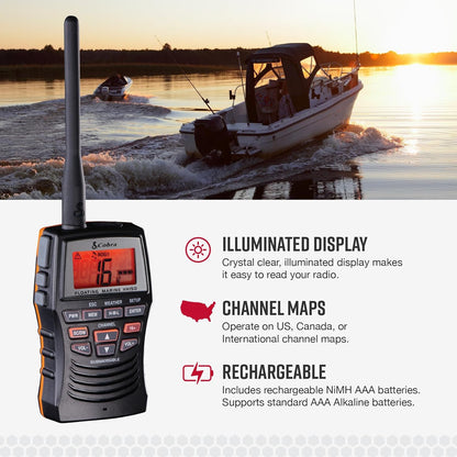 Cobra Marine Radio - MR HH150 FLT - 3 Watt, Dryf, Langreikafstand, Handheld, VHF Radio, NOAA, Internasionaal, Waterdig, Onderwater, Weerwaarskuwings, LCD Skerm, Beltknip