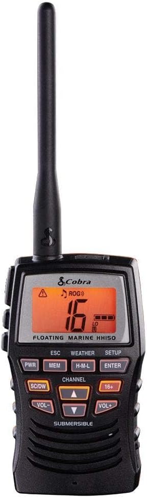 Cobra Marine Radio - MR HH150 FLT - 3 Watt, Dryf, Langreikafstand, Handheld, VHF Radio, NOAA, Internasionaal, Waterdig, Onderwater, Weerwaarskuwings, LCD Skerm, Beltknip