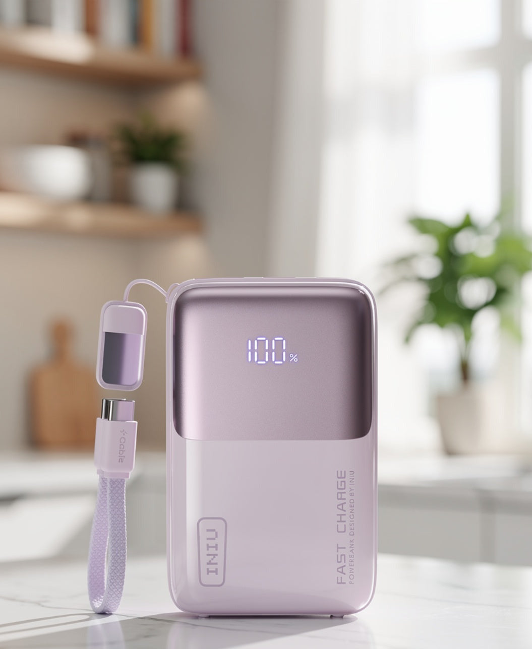 INIU 10000mAh 45W Ultra Mini Portable Charger Power Bank with Cable - (Light Purple)